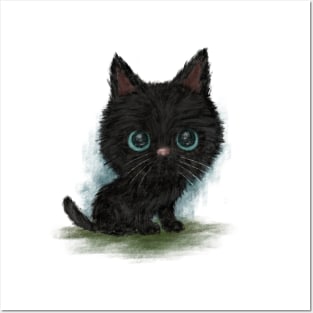 Black cat with blue eyes is sitting Posters and Art